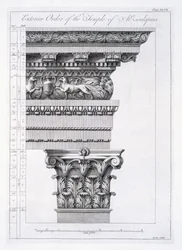 Zewnętrzny porządek świątyni Eskulapa, tablica XLVII z „Ruiny pałacu cesarza Dioklecjana w Spalatro w Dalmacji”, wydana w 1764 r.